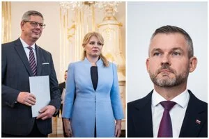 Minister spravodlivosti Boris Susko zo Smeru (vľavo) a predseda parlamentu Robert Fico z Hlasu (vpravo). Prezidentka Zuzana Čaputová (uprostred) 
